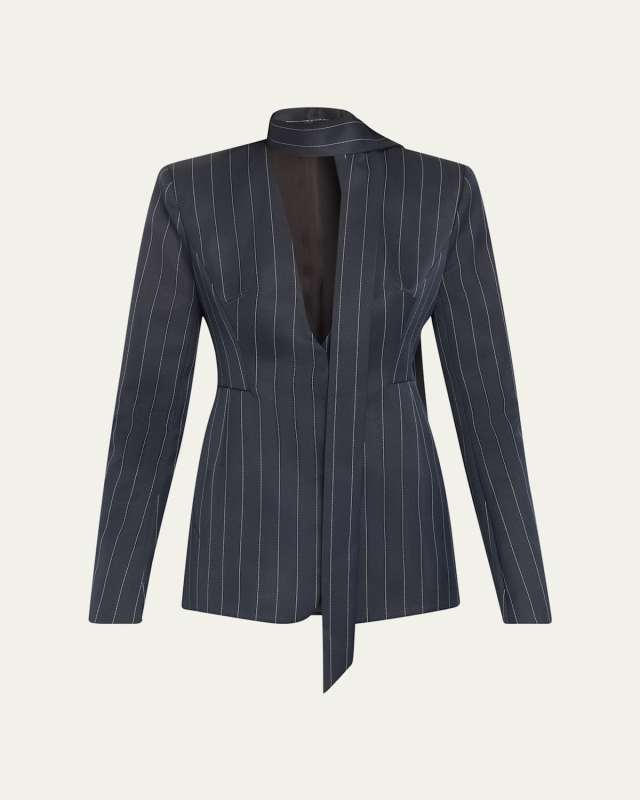 Pinstripe V-Neck Scarf Cutout Blazer Mini Dress